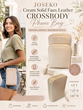 Joseko Cream/Tan Solid Faux Leather Crossbody Phone Bag NWOT